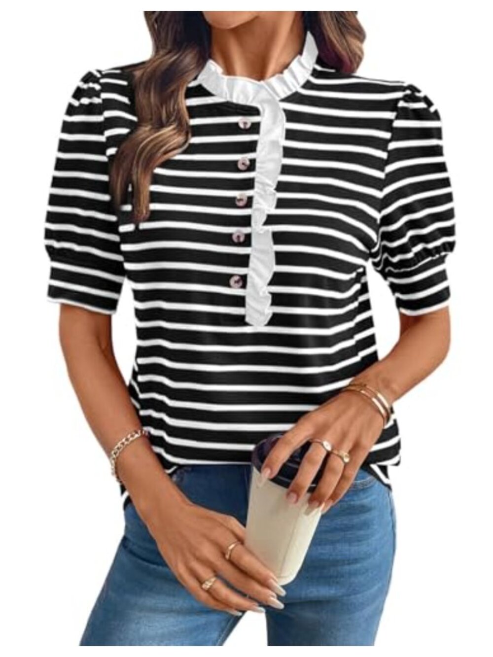 Women's Cotton Puff Sleeve Button Striped Top Short Sleeve Blouse Casual